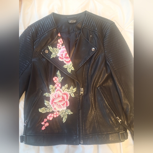 Topshop Faux Leather Embroidery Floral Jacket | Color: Black | Size: 8| - Picture 2 of 6